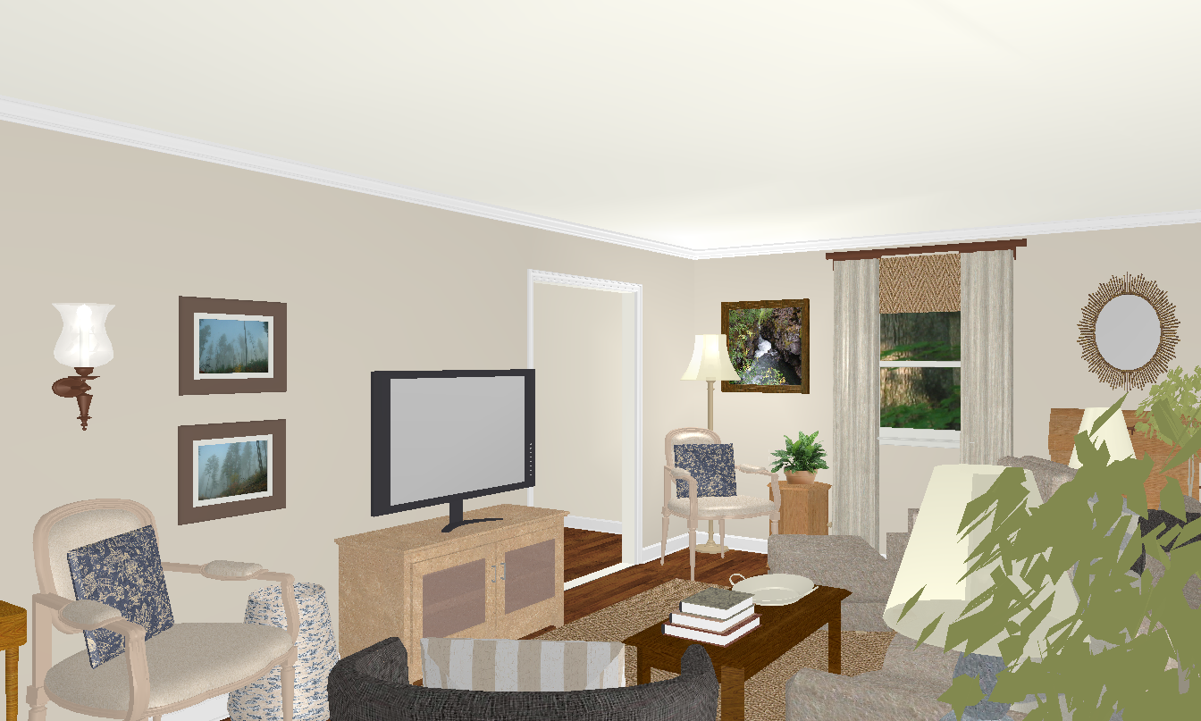 Redesigned southern traditional English cottage living room with blue and white accents and light upholstery