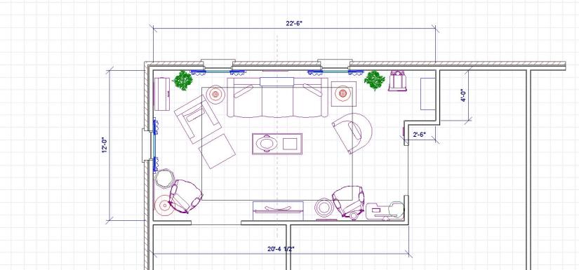 space plan with symmetry and French Bergere chairs